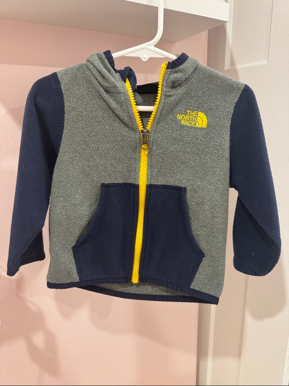 The North Face Kids Gray & Navy Fleece with Yellow Zipper 12-18M